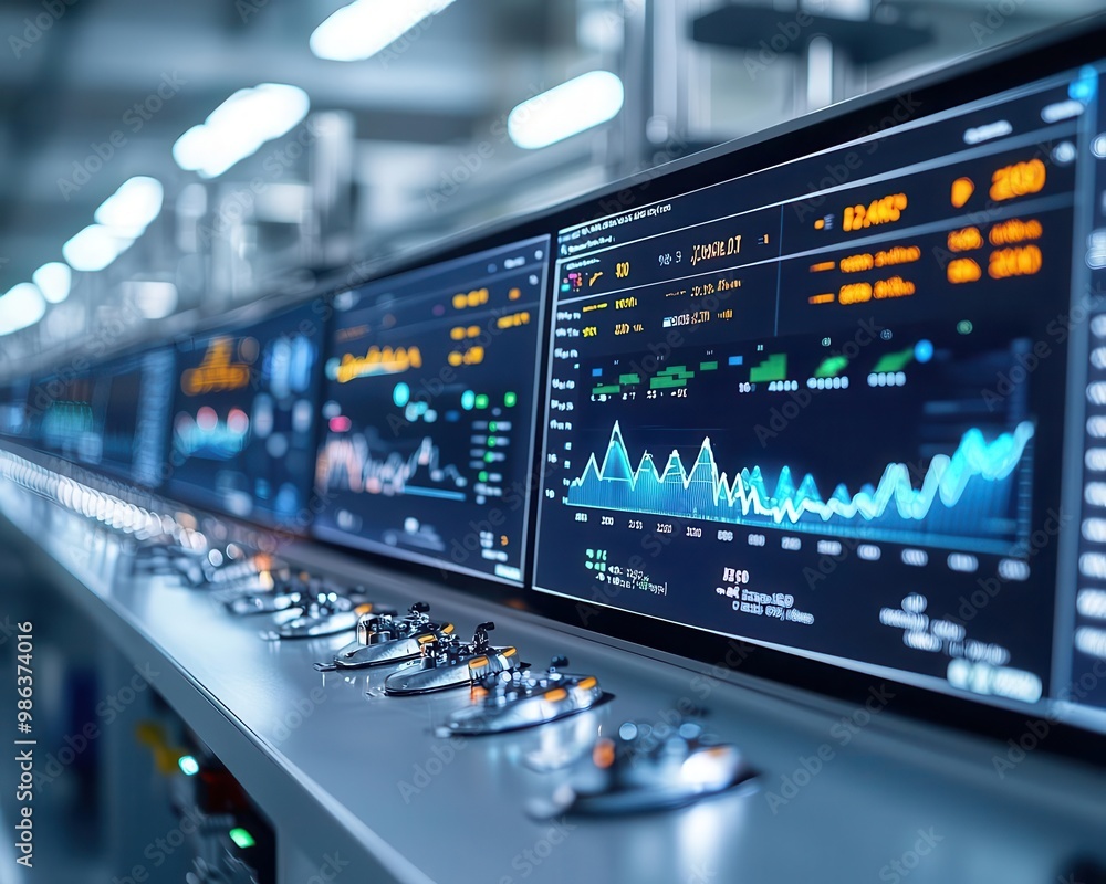 Naklejka premium Digital dashboard showing real-time optimization of a fully automated production line