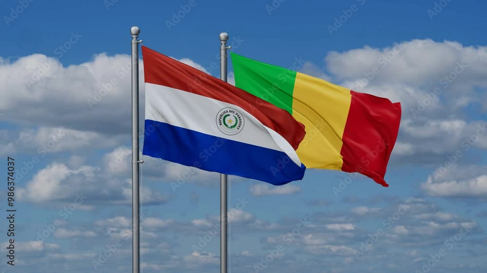 Mali and Paraguay flags waving together, video concept of the relationship, two country relations concept Mali and Paraguay flags waving together, video concept of the relationship, two country relations concept