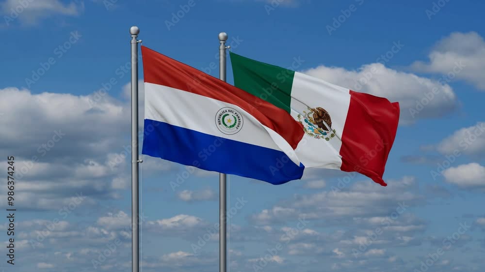 Mexico and Paraguay flags flying together, video concept of the relationship, two country relations concept Mexico and Paraguay flags flying together, video concept of the relationship, two country relations concept