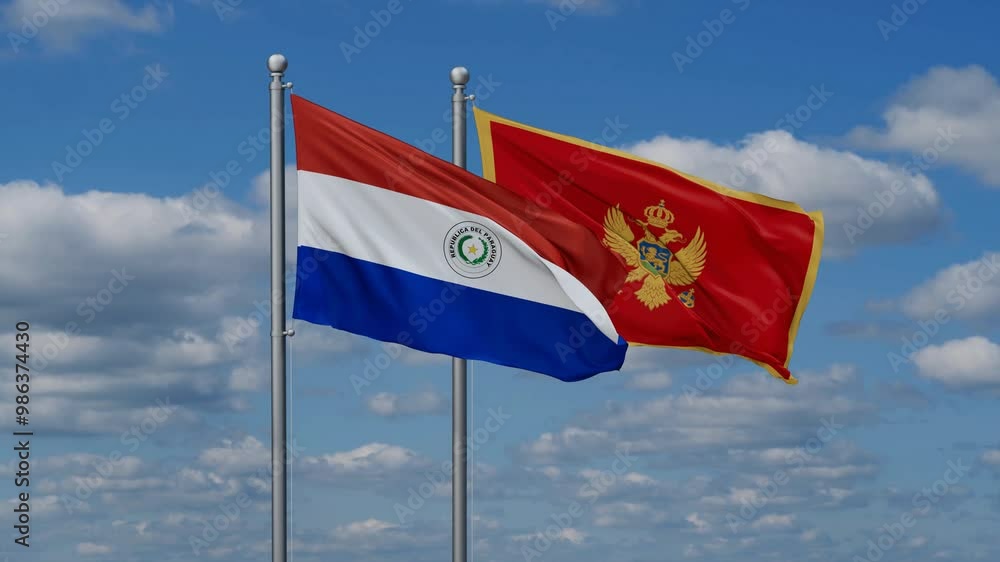 Montenegro and Paraguay flags flying together, video concept of the relationship, two country cooperation concept Montenegro and Paraguay flags flying together, video concept of the relationship, two country cooperation concept