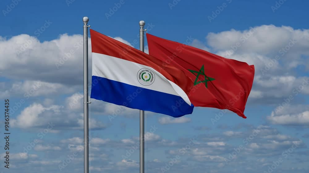 Morocco and Paraguay flags flying together, video concept of the relationship, two country relations concept Morocco and Paraguay flags flying together, video concept of the relationship, two country relations concept