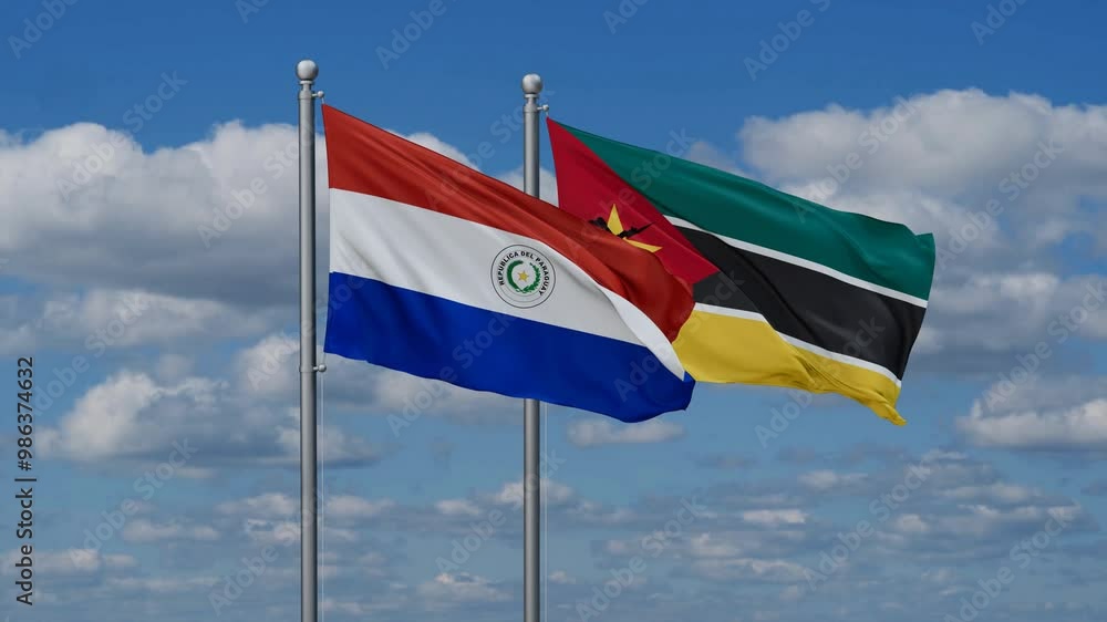 Mozambique and Paraguay flags flying together, video concept of the relationship, two country cooperation concept Mozambique and Paraguay flags flying together, video concept of the relationship, two country cooperation concept