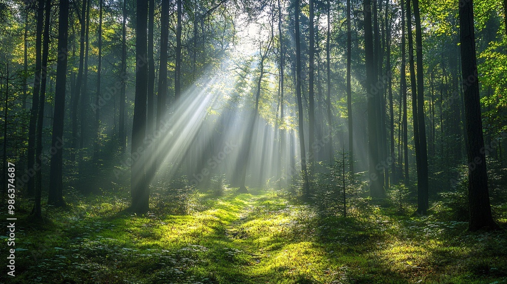 Fototapeta premium Sunlight Filtering Through the Trees in a Foggy Forest