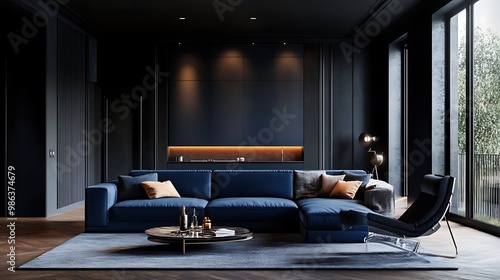Modern living room featuring a stylish blue sofa and elegant decor with large windows.