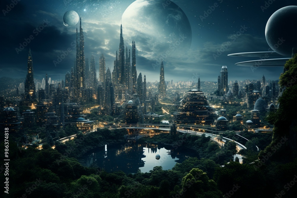 Fototapeta premium Large futuristic building with moon background image