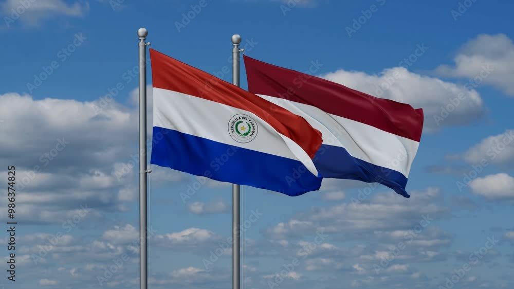 Netherlands and Paraguay flags flying together, video concept of the relationship, two country relations concept Netherlands and Paraguay flags flying together, video concept of the relationship, two country relations concept