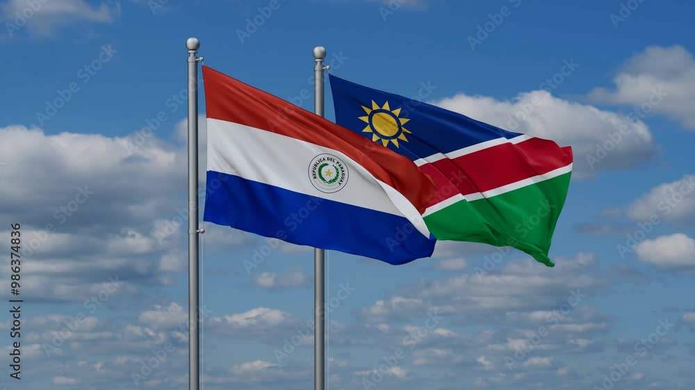 Paraguay and Namibia flags flying together, video concept of the relationship, two country relations concept Paraguay and Namibia flags flying together, video concept of the relationship, two country relations concept