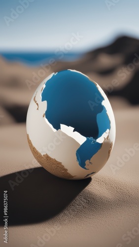 Cracked egg reveals Earth inside set against desert landscape symbolizing delicate planetary structure.