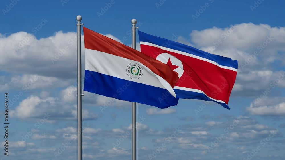 North Korea and Paraguay flags flying together, video concept of the relationship North Korea and Paraguay flags flying together, video concept of the relationship