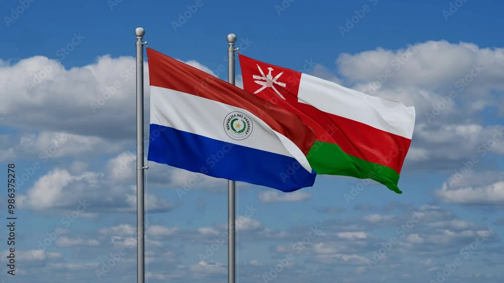Oman and Paraguay flags flying together, video concept of the relationship, two country cooperation concept Oman and Paraguay flags flying together, video concept of the relationship, two country cooperation concept