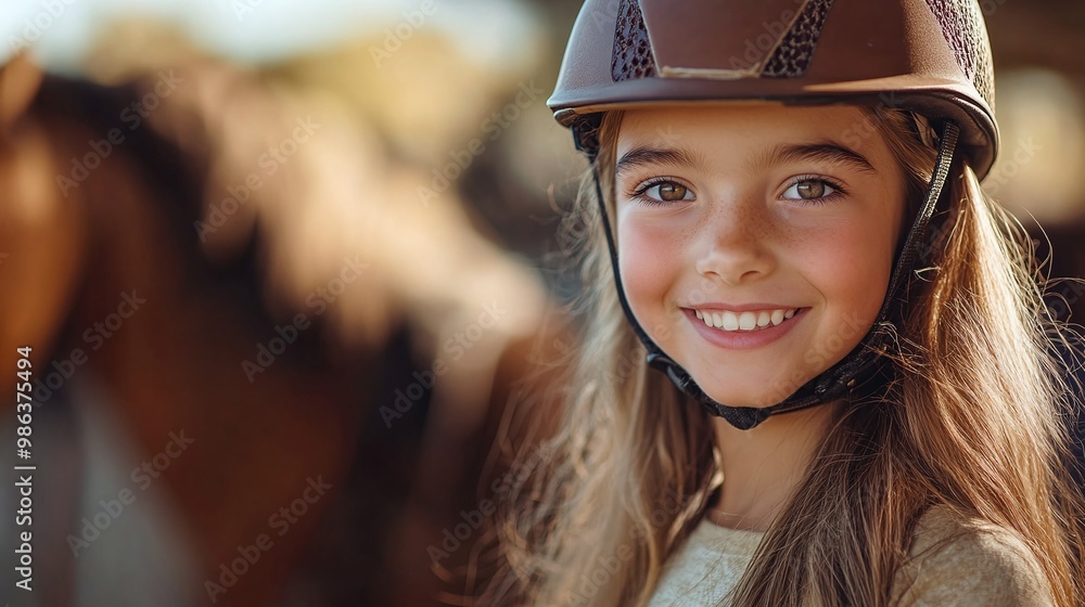 smiling girl kid at equitation lesson riding a horse and wearing a horseriding helmet enjoying the outdoor joy and fun of learning horseback riding in a safe and exciting environment smiling girl kid at equitation lesson riding a horse and wearing a horseriding helmet enjoying the outdoor joy and fun of learning horseback riding in a safe and exciting environment