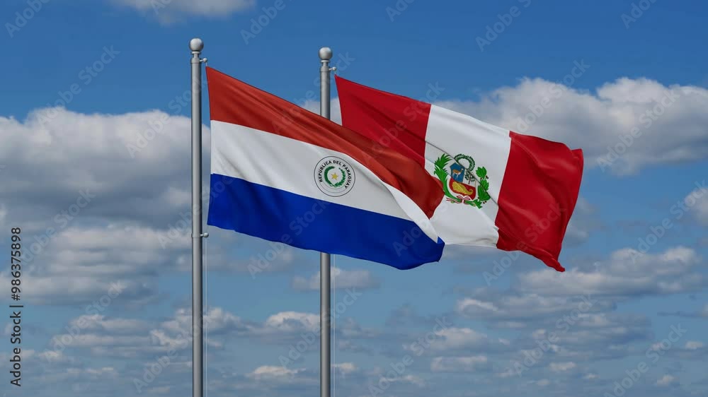 Peru and Paraguay flags flying together, video concept of the relationship, two country cooperation concept Peru and Paraguay flags flying together, video concept of the relationship, two country cooperation concept