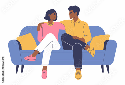 People sitting on blue sofa. Man and woman waiting