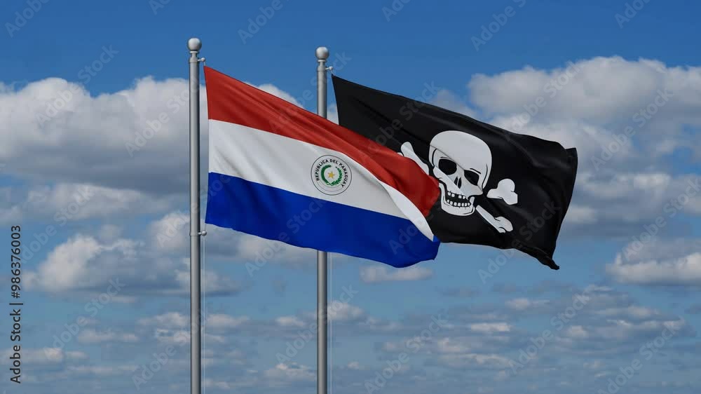 Paraguay and Jolly Roger or pirate flags flying together, video concept of the relationship Paraguay and Jolly Roger or pirate flags flying together, video concept of the relationship
