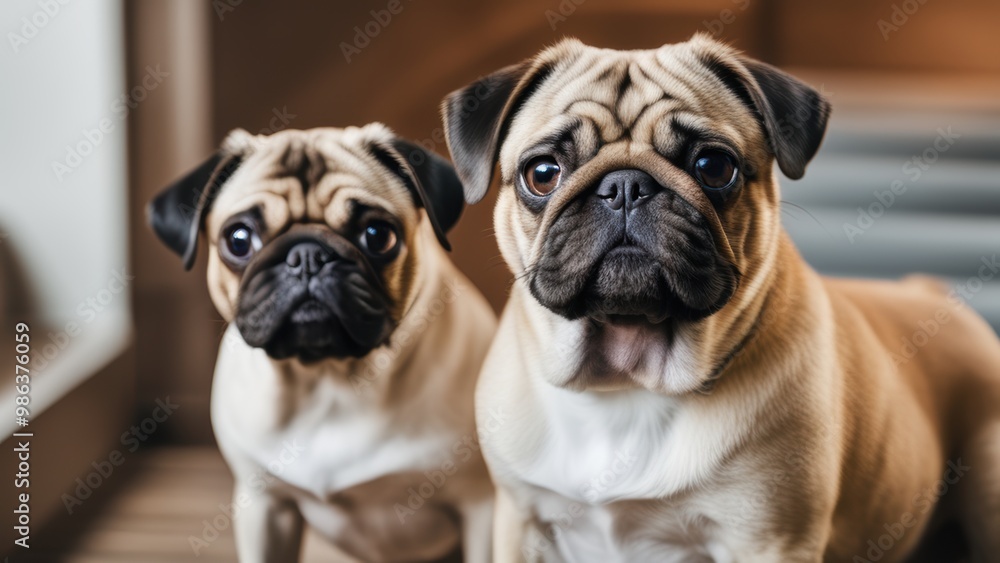 Two well-groomed pugs with wrinkled faces and curly tails look directly at the camera their expressive eyes engaging the viewer. Two well-groomed pugs with wrinkled faces and curly tails look directly at the camera their expressive eyes engaging the viewer.