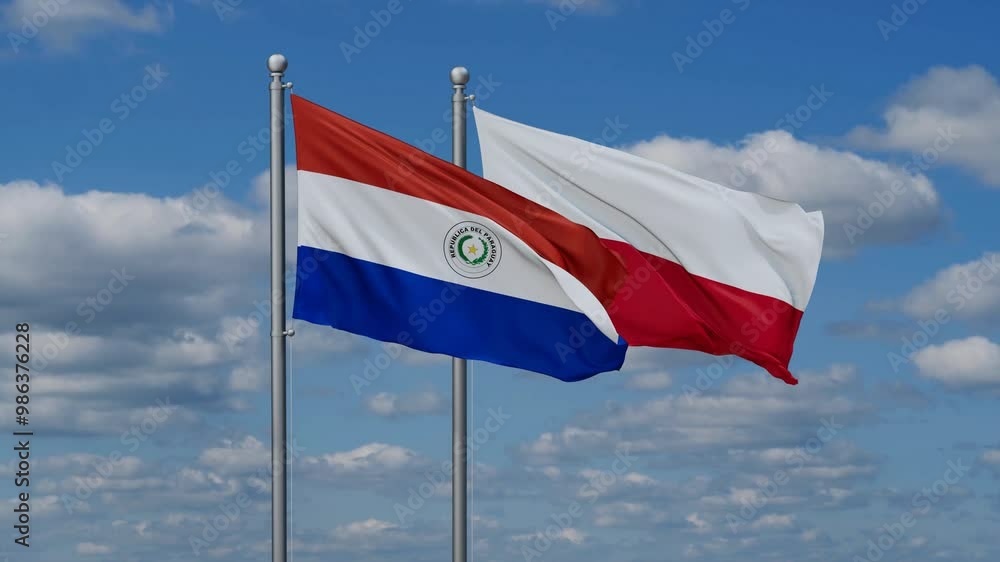 Poland and Paraguay flags flying together, video concept of the relationship, two country cooperation concept Poland and Paraguay flags flying together, video concept of the relationship, two country cooperation concept