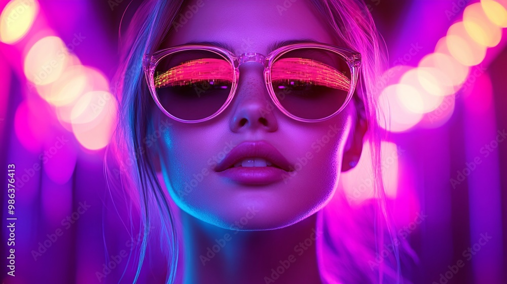 energetic nightclub scene featuring a happy girl with sunglasses, glowing under purple and pink spotlights with laser lights, capturing the lively and festive vibe of the night energetic nightclub scene featuring a happy girl with sunglasses, glowing under purple and pink spotlights with laser lights, capturing the lively and festive vibe of the night