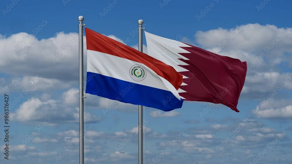 Qatar and Paraguay flags flying together, video concept of the relationship, two country cooperation concept Qatar and Paraguay flags flying together, video concept of the relationship, two country cooperation concept