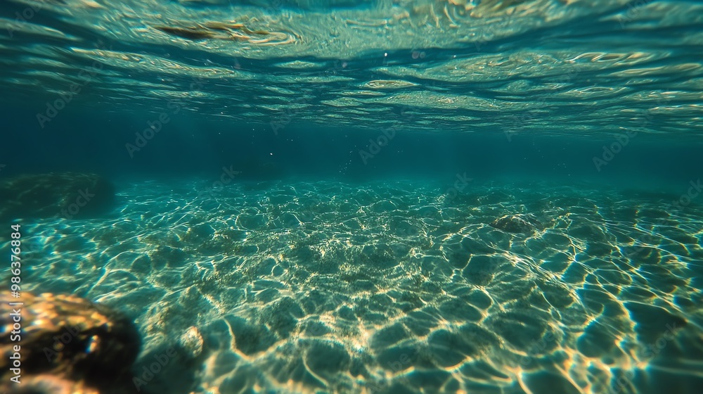 Fototapeta premium A serene underwater scene showcasing crystal clear water, soft waves, and sunlit ripples dancing over the sandy floor.