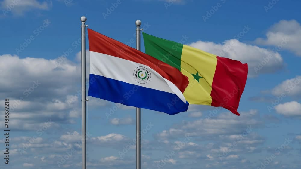 Republic of Senegal and Paraguay flags flying together, video concept of the relationship, two country cooperation concept Republic of Senegal and Paraguay flags flying together, video concept of the relationship, two country cooperation concept