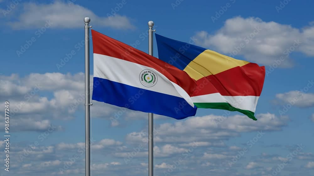 Seychelles and Paraguay flags flying together, video concept of the relationship, two country relations concept Seychelles and Paraguay flags flying together, video concept of the relationship, two country relations concept