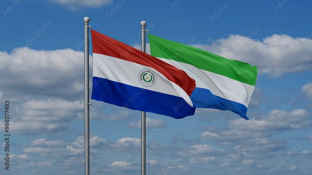 Sierra Leone or Salone and Paraguay flags flying together, video concept of the relationship, two country cooperation concept Sierra Leone or Salone and Paraguay flags flying together, video concept of the relationship, two country cooperation concept