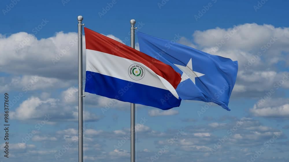 Somalia and Paraguay flags flying together, video concept of the relationship, two country cooperation concept Somalia and Paraguay flags flying together, video concept of the relationship, two country cooperation concept