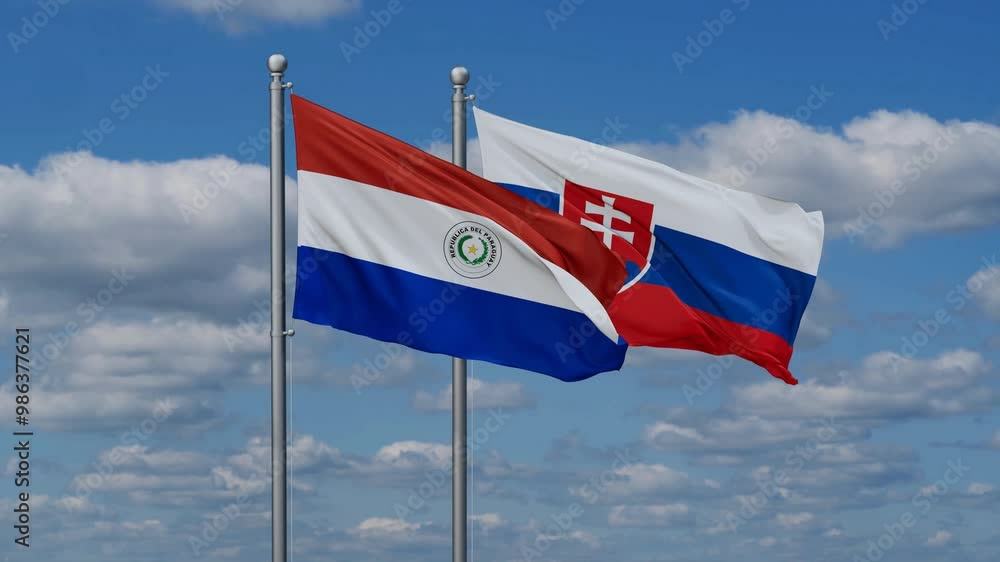 Slovak Republic or Slovakia and Paraguay flags flying together, video concept of the relationship, two country cooperation concept Slovak Republic or Slovakia and Paraguay flags flying together, video concept of the relationship, two country cooperation concept