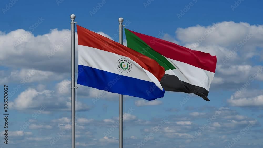 Sudan and Paraguay flags flying together, video concept of the relationship, two country cooperation concept Sudan and Paraguay flags flying together, video concept of the relationship, two country cooperation concept