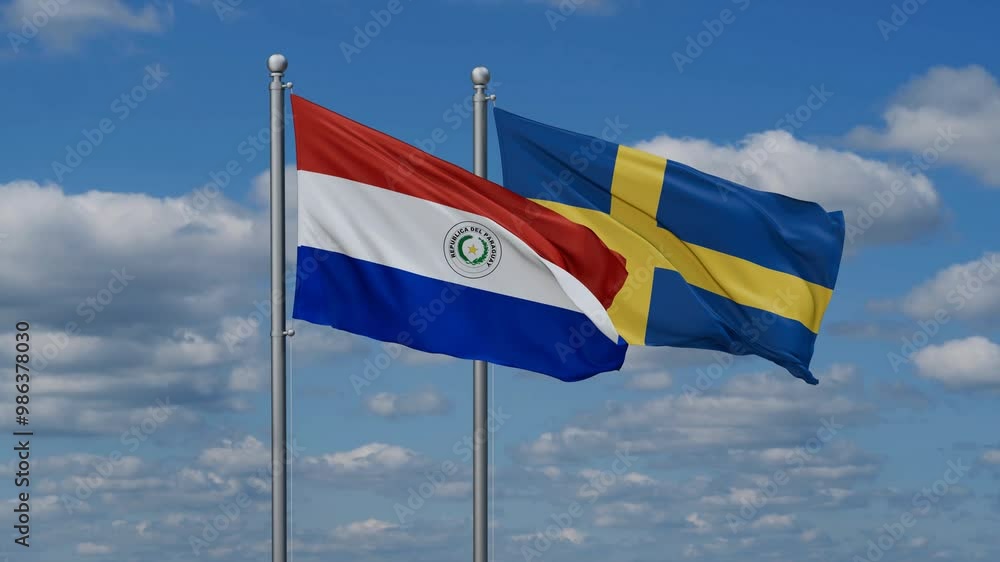 Sweden and Paraguay flags flying together, video concept of the relationship, two country cooperation concept Sweden and Paraguay flags flying together, video concept of the relationship, two country cooperation concept