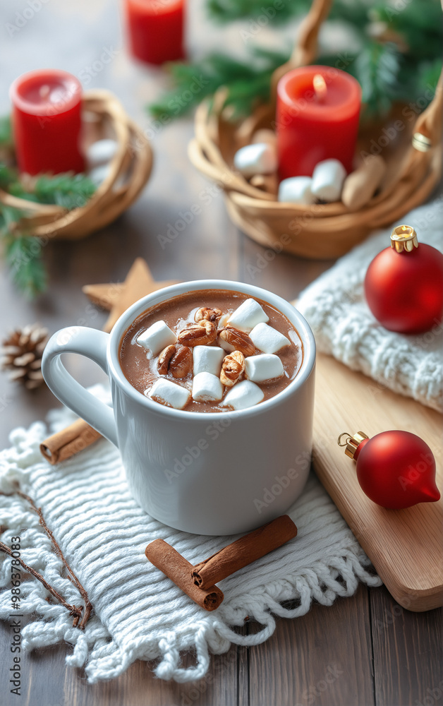Festive composition: a cup of cocoa with marshmallows on the New Year's table. Christmas treat. Festive composition: a cup of cocoa with marshmallows on the New Year's table. Christmas treat.