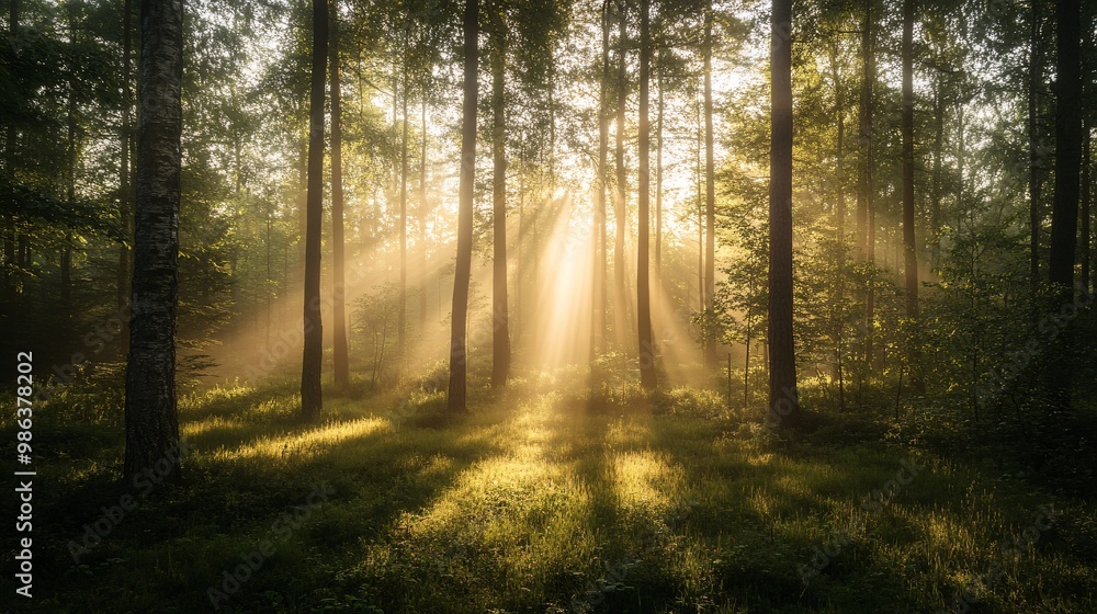 Fototapeta premium Sunbeams Streaming Through a Misty Forest