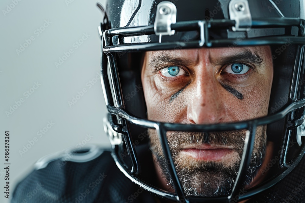 A man wearing a black helmet with a blue eye A man wearing a black helmet with a blue eye