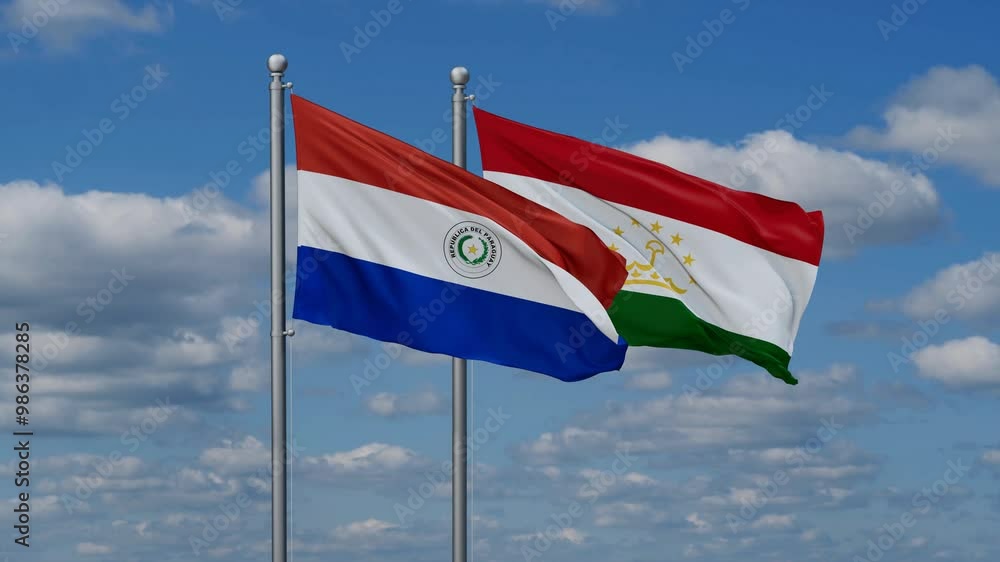 Tajikistan and Paraguay two flags waving together, video concept of the relationship, two country cooperation concept Tajikistan and Paraguay two flags waving together, video concept of the relationship, two country cooperation concept