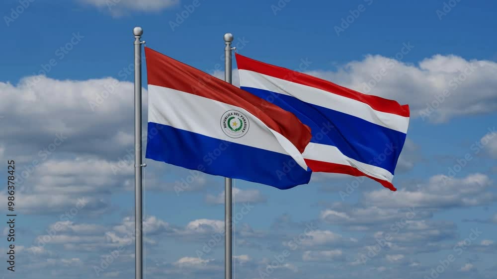 Kingdom of Thailand and Paraguay flags flying together, video concept of the relationship, two country cooperation concept Kingdom of Thailand and Paraguay flags flying together, video concept of the relationship, two country cooperation concept