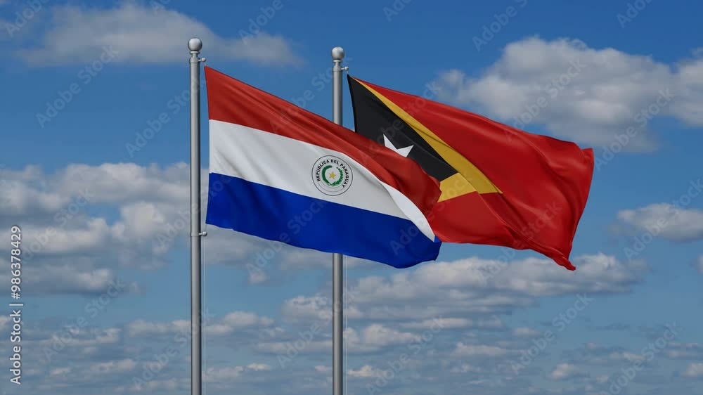 East Timor and Paraguay flags flying together, video concept of the relationship, two country cooperation concept East Timor and Paraguay flags flying together, video concept of the relationship, two country cooperation concept