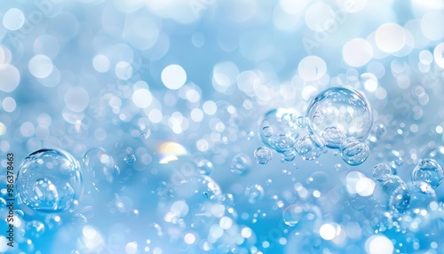 A vibrant close-up of transparent bubbles floating in a blue, watery background with soft light reflections and bokeh effect.