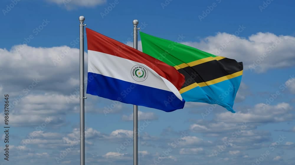 Tanzania and Paraguay flags flying together, video concept of the relationship, two country relations concept Tanzania and Paraguay flags flying together, video concept of the relationship, two country relations concept