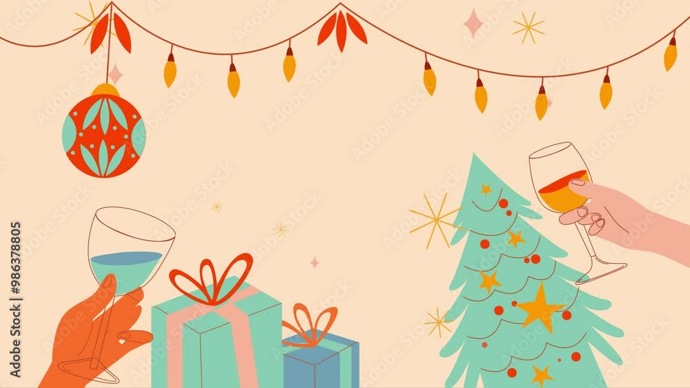 Animation of a New Year’s composition with gifts, a Christmas tree, lights, and champagne glasses, creating a festive atmosphere. Animation of a New Year’s composition with gifts, a Christmas tree, lights, and champagne glasses, creating a festive atmosphere.
