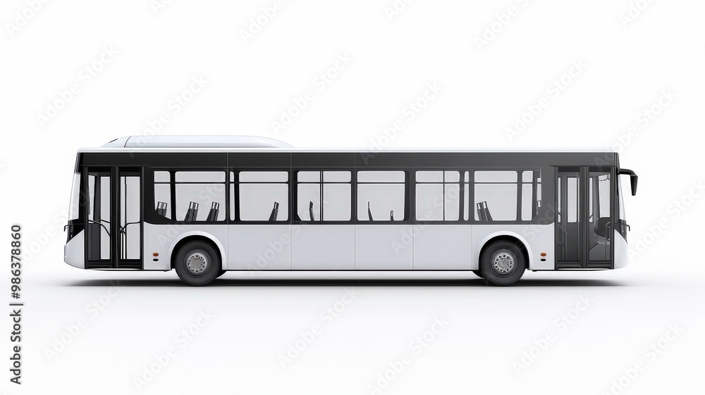 A sleek, modern white city bus displayed in a side profile, showcasing its minimalist design and large windows for urban public transportation. A sleek, modern white city bus displayed in a side profile, showcasing its minimalist design and large windows for urban public transportation.