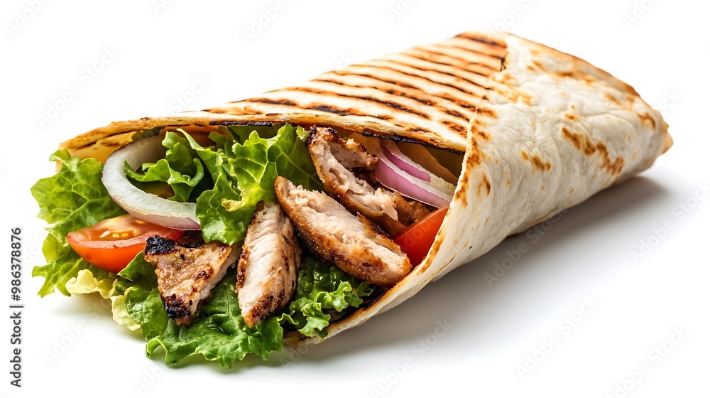 A delicious wrap filled with grilled chicken, fresh vegetables, and herbs, perfect for a quick meal. A delicious wrap filled with grilled chicken, fresh vegetables, and herbs, perfect for a quick meal.
