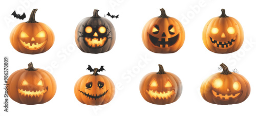 Carved Halloween pumpkins or jack o lanterns having different expressions, from spooky to mischievous, separated and arranged against a transparent, isolated background photo