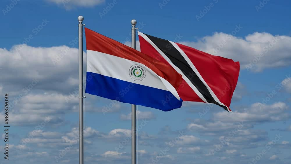 Trinidad and Tobago and Paraguay flags flying together, video concept of the relationship, two country cooperation concept Trinidad and Tobago and Paraguay flags flying together, video concept of the relationship, two country cooperation concept