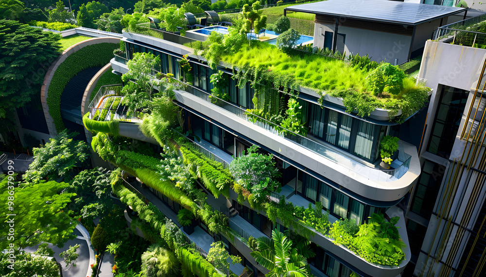 Modern eco-friendly building with green roofs and lush vegetation, showcasing sustainable architectural design Modern eco-friendly building with green roofs and lush vegetation, showcasing sustainable architectural design