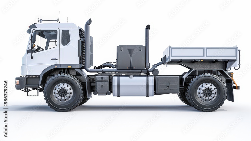 Side view of a heavy-duty industrial truck designed for construction and transportation, featuring a rugged build and durable components. Side view of a heavy-duty industrial truck designed for construction and transportation, featuring a rugged build and durable components.