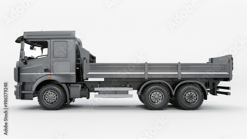 Side view of a heavy-duty industrial truck designed for construction and transportation, featuring a rugged build and durable components.