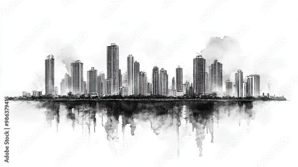 Obraz premium Panama City, Panama, black and white pen pencil hand-drawn effect drawing illustration for travel poster, card, wallpaper, backdrop or banner. Modern, clear, artistic and simple