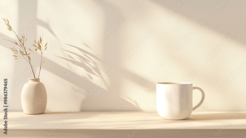Clean and modern design aesthetic with a white coffee mug and dry pampas grass in a vase creating a relaxing atmosphere Clean and modern design aesthetic with a white coffee mug and dry pampas grass in a vase creating a relaxing atmosphere