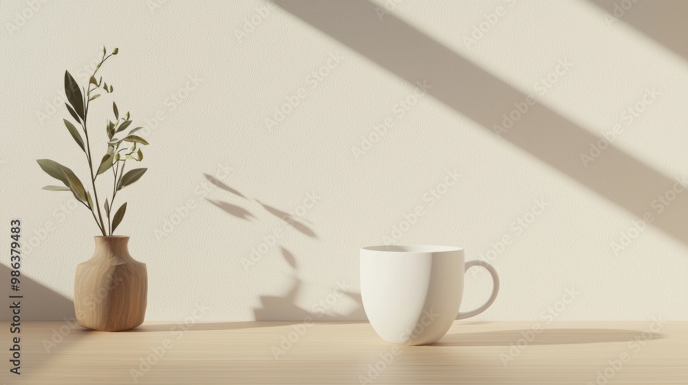 Fototapeta premium Peaceful still life with a white coffee mug, plant vase, and shadows on a table, ideal for lifestyle and interior design projects
