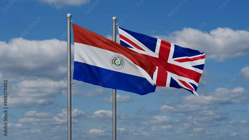 United Kingdom and Paraguay flags flying together, video concept of the relationship, two country cooperation concept United Kingdom and Paraguay flags flying together, video concept of the relationship, two country cooperation concept